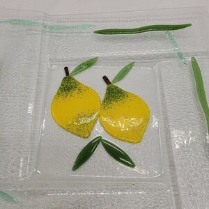 Fused Art Glass Lemons & Leaves 11" Square Plate Platter Hors d'oeuvres Decor